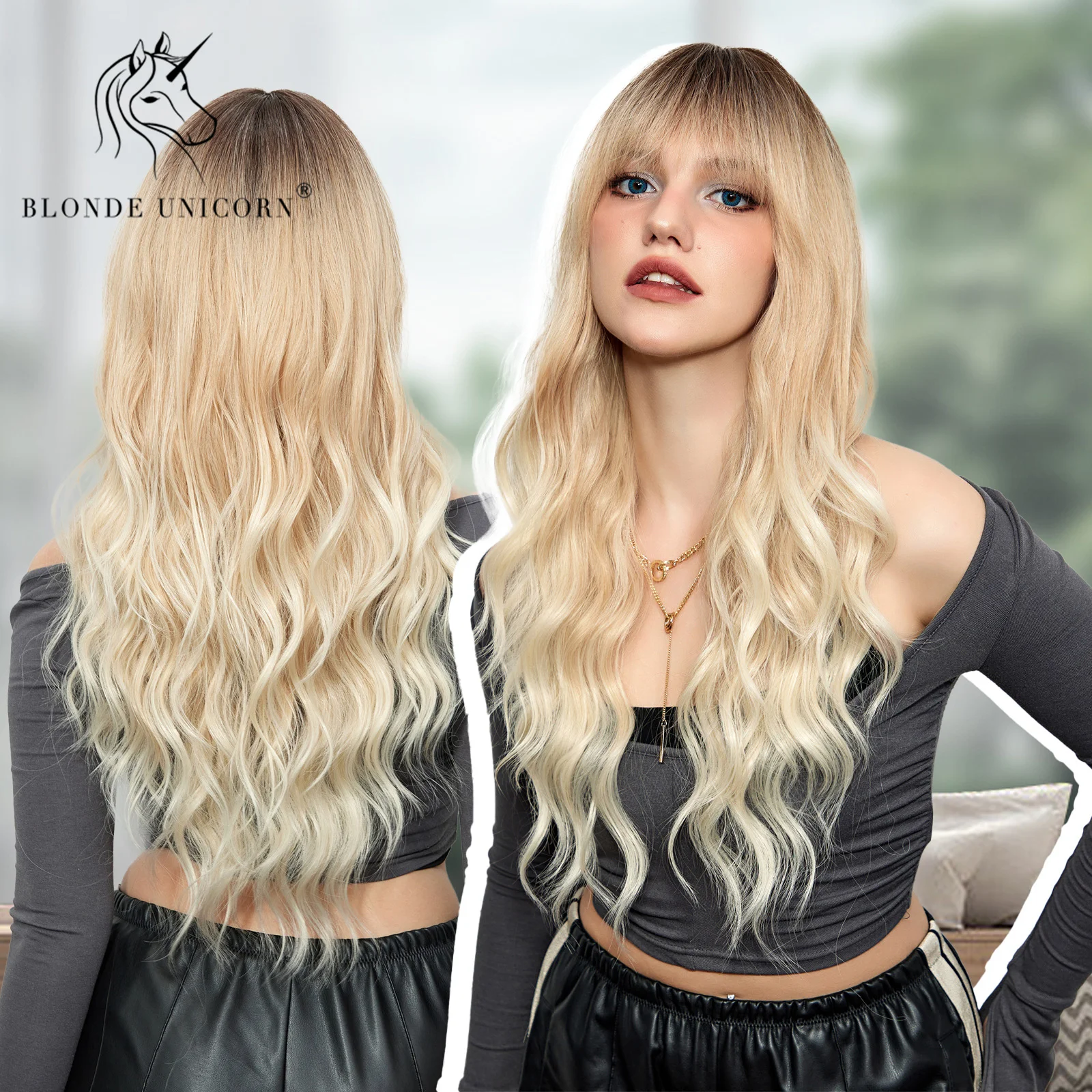 Blonde Unicorn Long Synthetic Ombre Brown Blonde Wig Wavy Wigs with Bangs Cosplay  Wigs for Women Party Use Heat Resistant Fiber