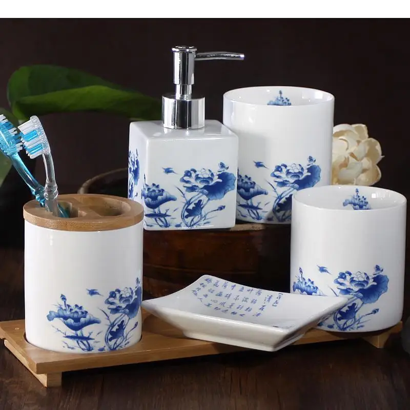 

Blue and White Ceramic Bathroom Set Bathroom Five Piece Set Wash Sets Toothbrush Holder Mouthwash Cup Lotion Bottle Soap Dish