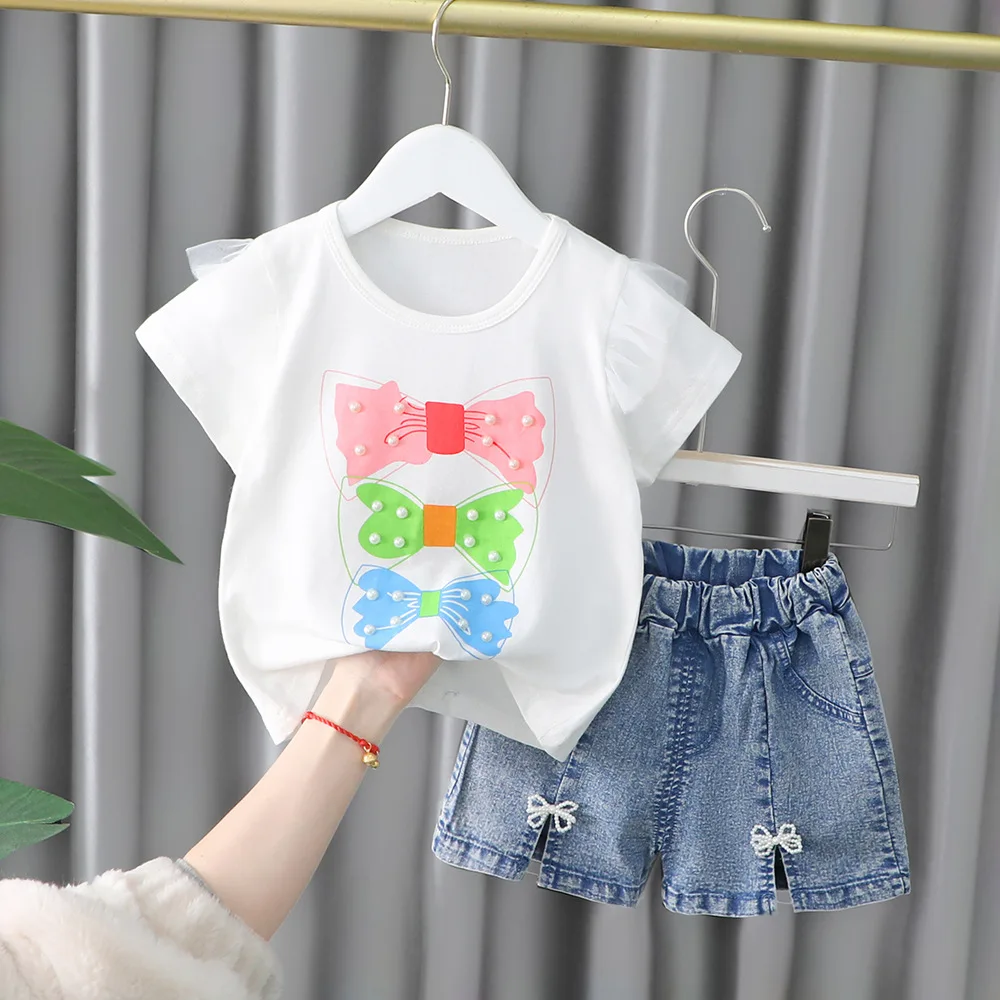 

Casual Kids Baby Girl Clothes Sets Outfits Summer Girls Clothing Print T-shirt Tops Denim Short 2Pcs Baby Suits Children Costume