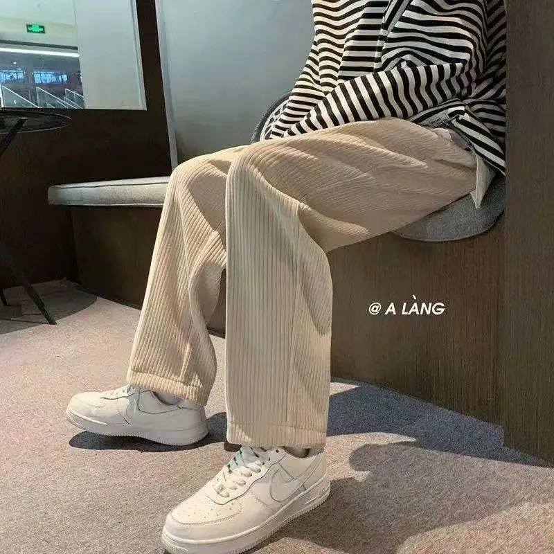 Summer Men's Casual Tie Straight Leg Pants Corduroy Monochrome Oversized Warm Korean Street Pants Streetwear casual pants,corduroy pants