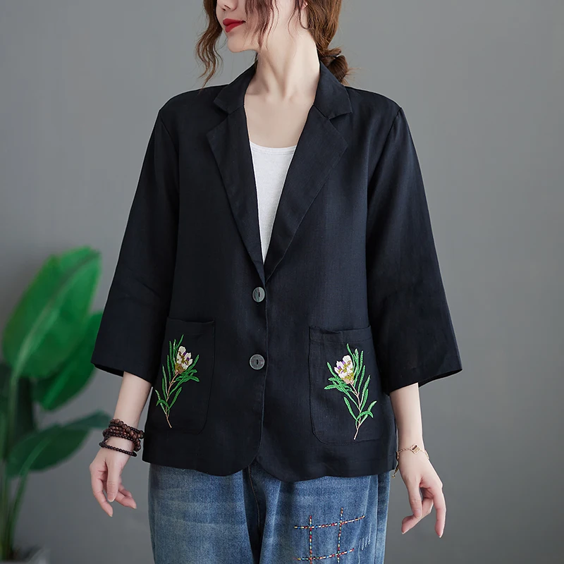 QOERLIN M-XXL Linen Oversize Blazer Office Fashion Embroidered Floral Jacket Pocket Single-Breasted Notched Collar Suit Coat