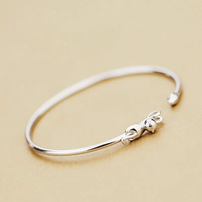 New 925 Sterling Silver Kitty Cat Fashion Open Charm Bracelet & Bangles For Women Girl LB066 3