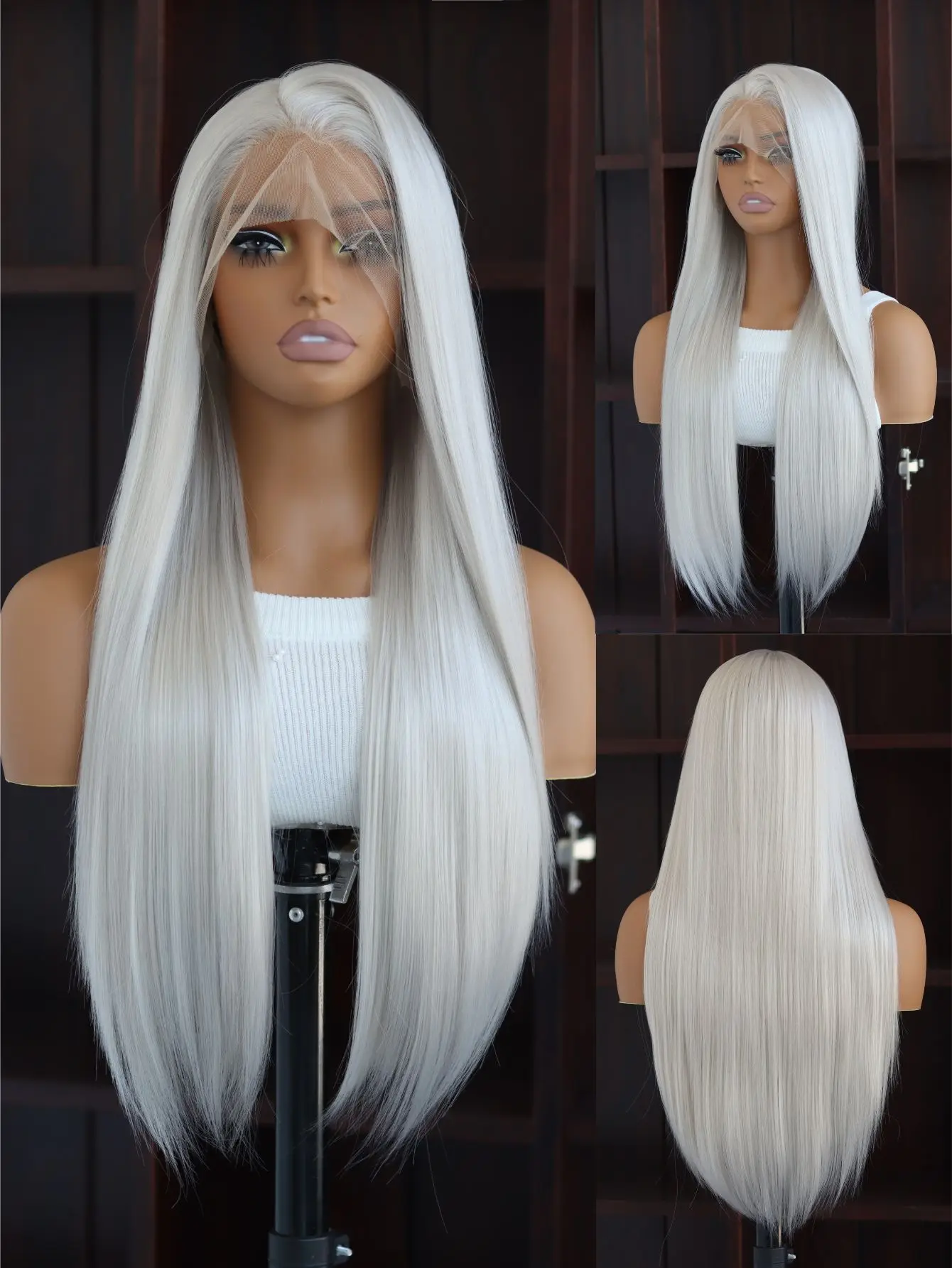 Silver Gray 13x4 Lace Front Synthetic Wigs | 24" Long Silky Straight Hair | Pre-Plucked Hairline | Heat Resistant | Daily/Party