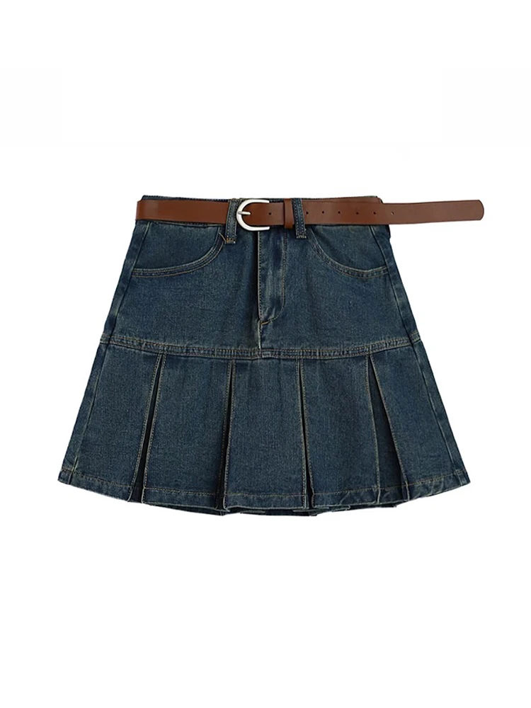 

Women Dark Blue A-line Denim Pleated Skirt Vintage 90s Y2k Skirt Harajuku Korean Streetwear Fashion Jean Skirt 2000s Clothes New