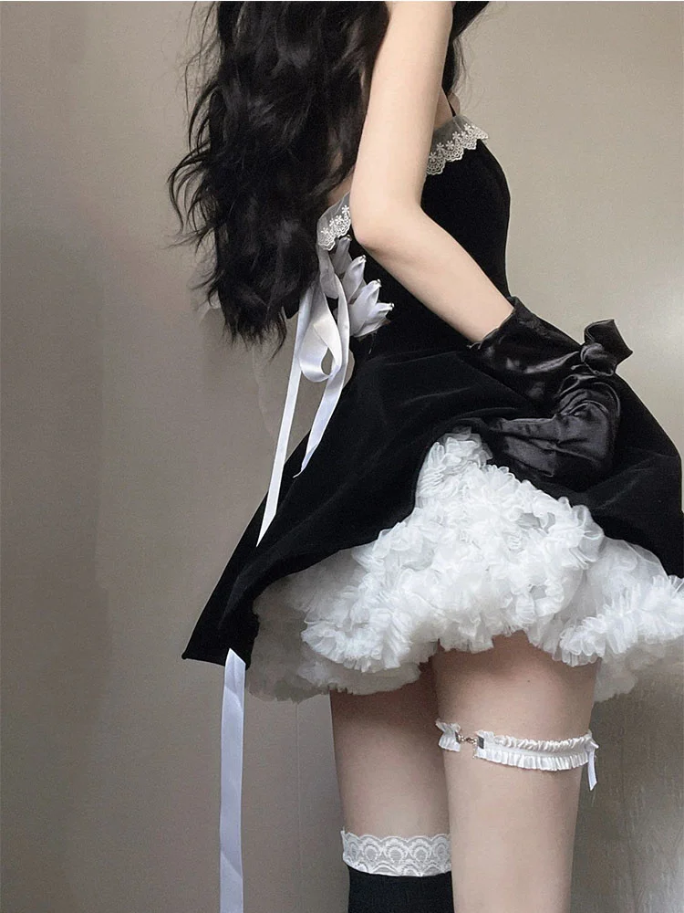 

Back Lace Strap Black Velvet Dress Women Cosplay Lolita Maid Slip Dress High Waist Mini Dress Flower Skirt Support Design