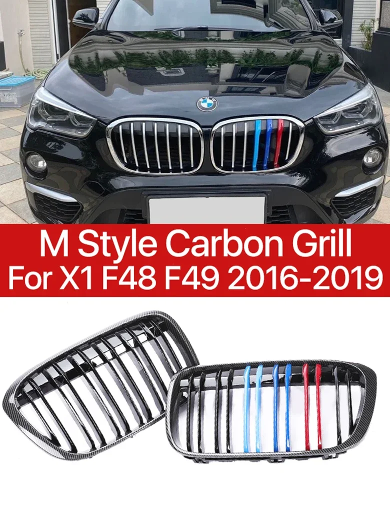 

Car Refiting Front Bumper Kindey Inside Grill Double Slat Carbon M Style Grille Cover For BMW X1 F48 F49 2016-2019 XDrive