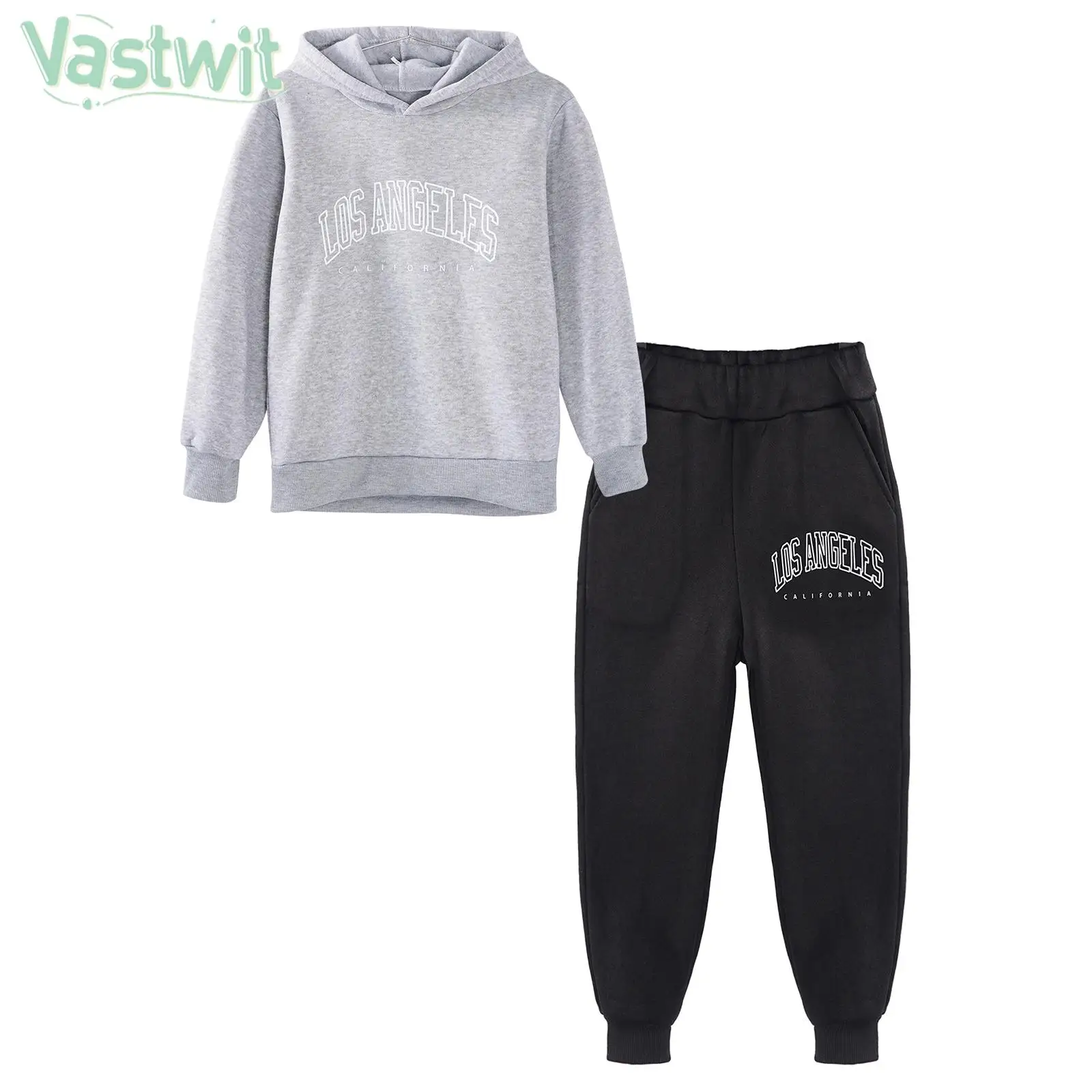 

Boys Girls Casual Warm Outfits Tracksuit Long Sleeve Plush Hooded Sweatshirt with Pants for Hip Hop Dance School Daily Sports
