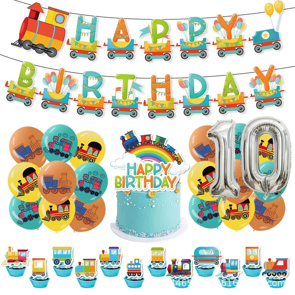 Cartoon Zug Thema Geburtstag Party Dekoration Anzahl Luftballons Kuchen Topper Transport Fahrzeuge Hintergrund Banner Party Supplies