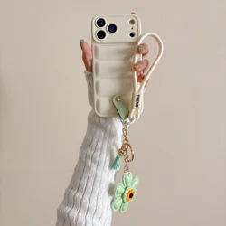 Sunflower Pendant Lanyard Case with Wrist Strap - Shockproof Soft Down Jacket Cover - iPhone 15 Plus (Beige GS)