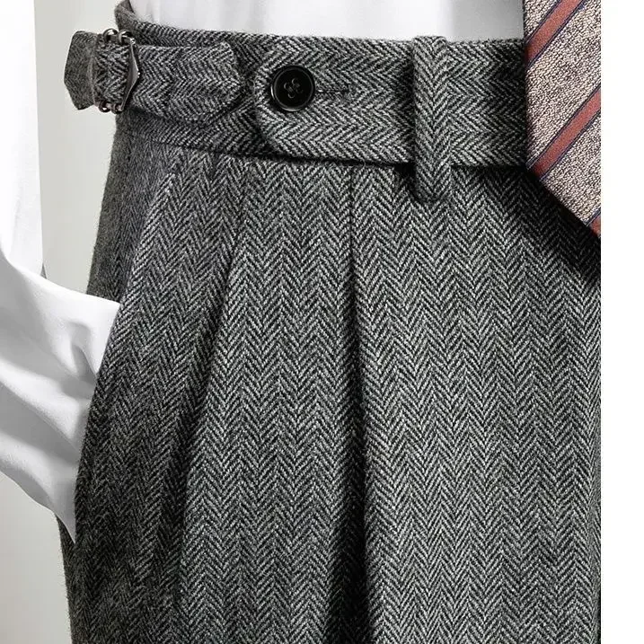 Men's Autumn Winter High Waist Wool Trousers Male Tweed Casual Pockets Pants Men Long Straight Suit Pants suit pants men pants
