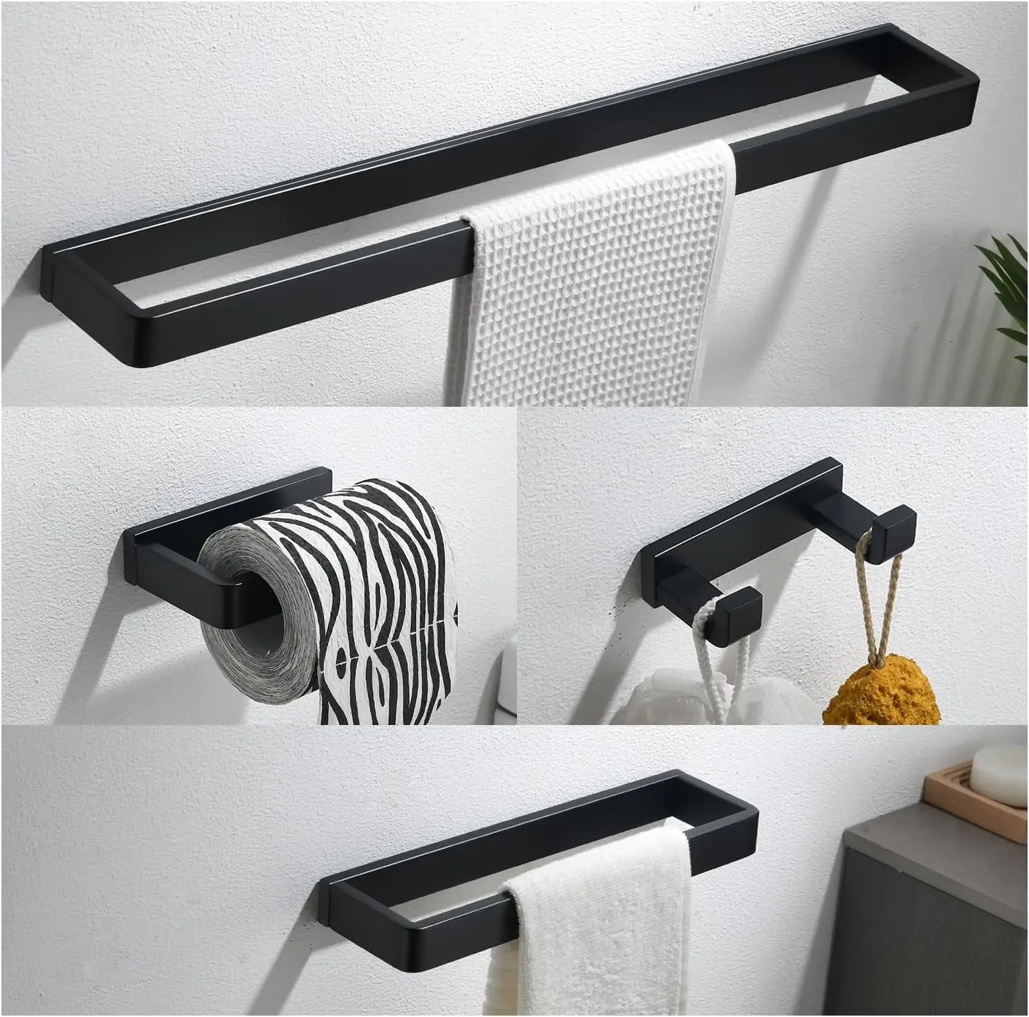 YACVCL Bathroom Hardware Accessories Set Black 4-Piece Towel Bar Towel Rack Sets Square Towel Ring Kit Stainless Steel Wall Moun