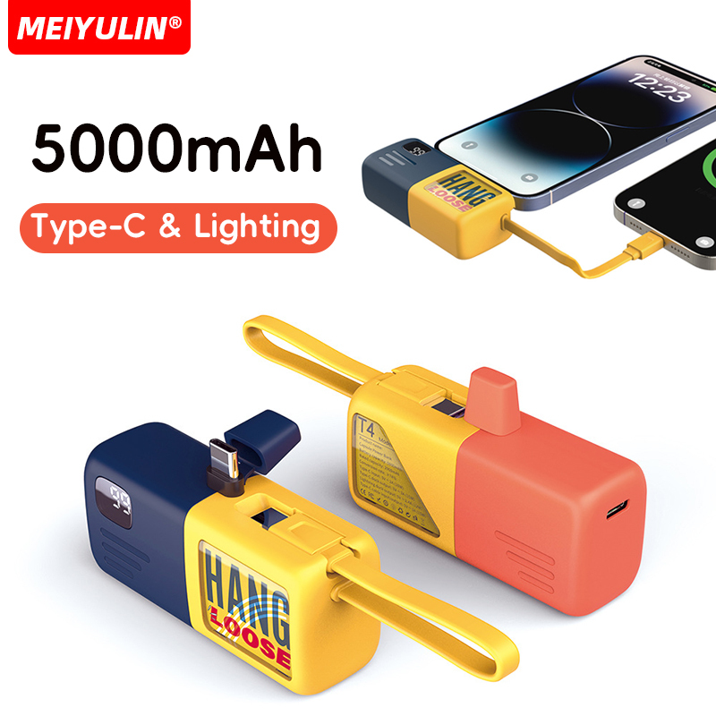 Portable Mini 5000mAh Power Bank USB C Cable Fast Charging Mobile External Spare Battery Powerbank for iPhone 16 Samsung Xiaomi