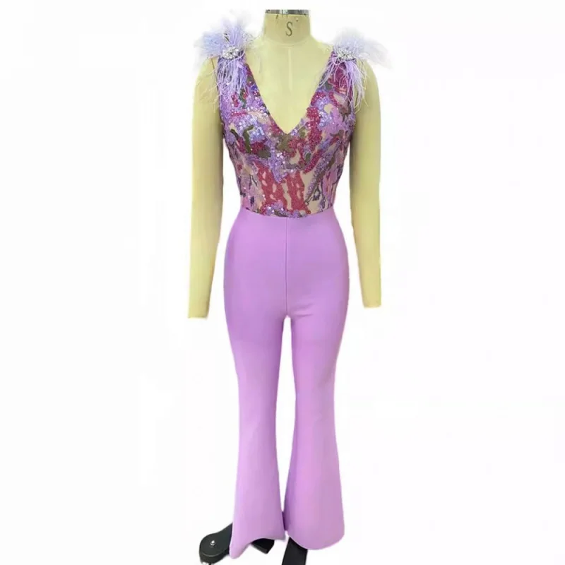 

2024 New Sequined Embroidered V-neck Sleeveless Feather Shoulder Purple High Waist Jumpsuit Fashion Party Hipster