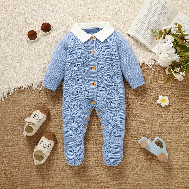 Blue Baby Rompers Knit Fashion Turtle Neck Long Sleeve Newborn Boys Jumpsuits Outfits One Piece Toddler Playsuits 0-18m Clothing 1