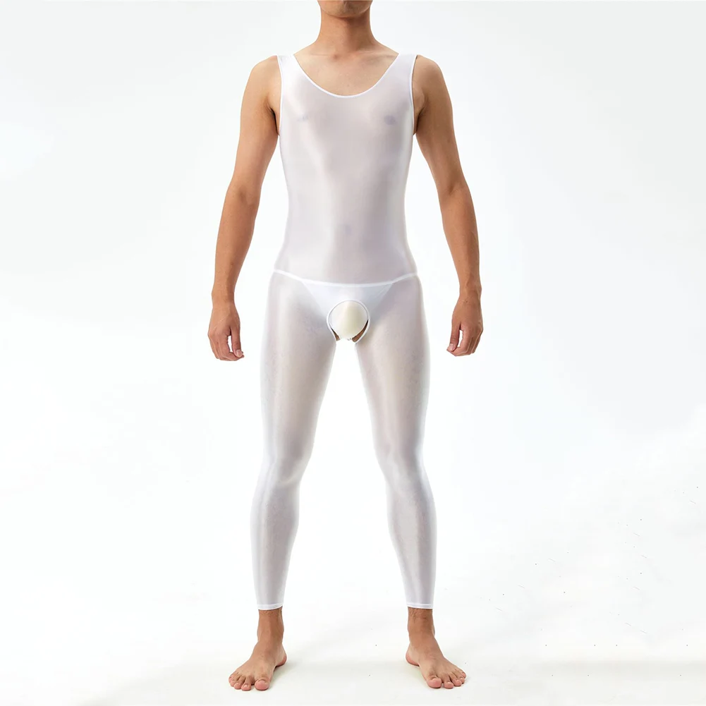 Men Crotchless Bodysuit Erotic Underwear Sexy Glossy Oil Shiny Jumpsuit Sleeveless FullBody Stockings Elastic Seductive Lingerie