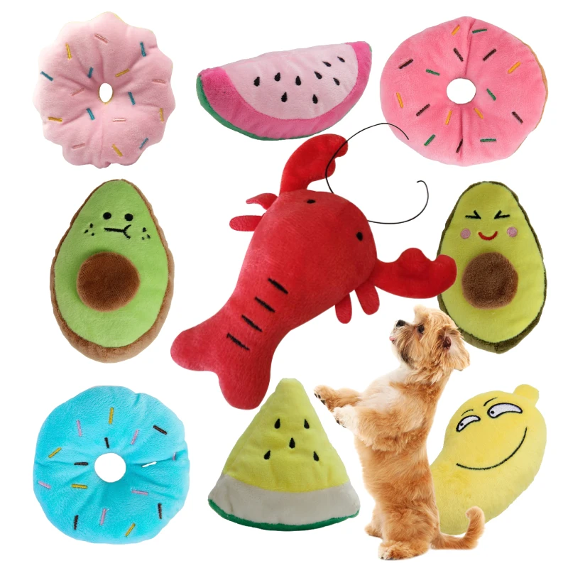 

Pet Puppy Cat Donuts Squeaky Plush Toy Chew Squeaker Sound Dog Play Bite Toys Watermelon Ice Cream Watermelon Mango Lobster Kiwi