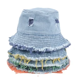 Solid Color Hole Denim Fisherman Hat Panama Hat Female Wild Fringe Designer Bucket Hat Hip Hop Cap Sunscreen Sun Protection Caps