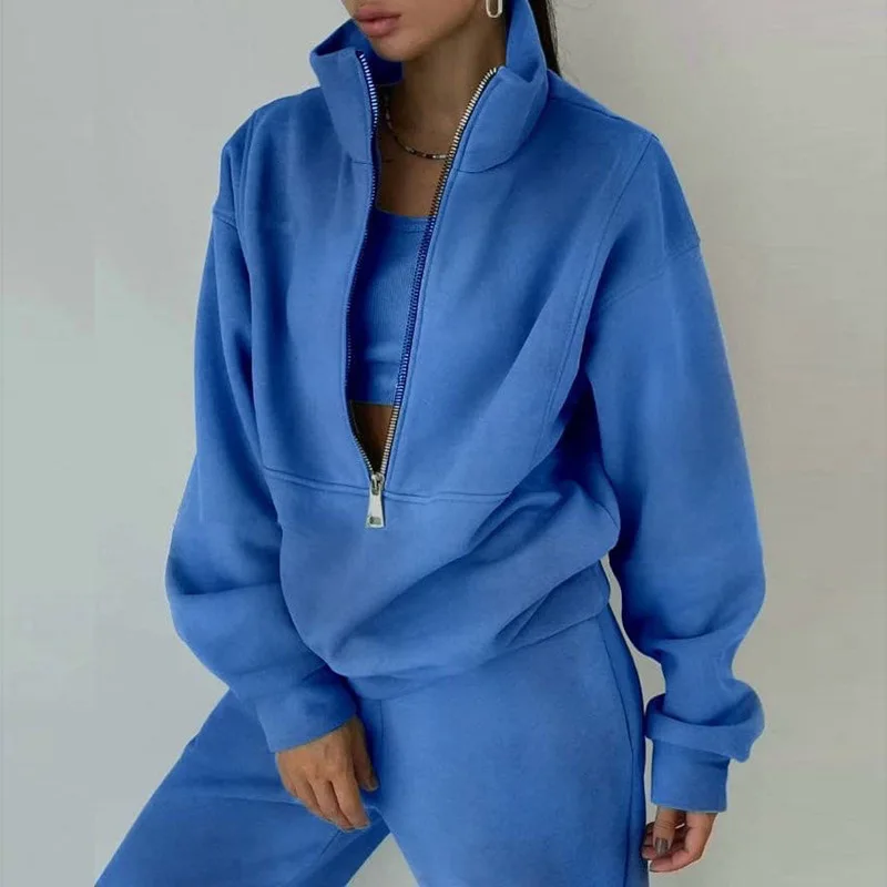 Autumn New Solid Color Loose Casual Sweatshirt Elastic Waist Sweatpants Set Women Fashion Zipper Pullover Top Korean Pants Suit