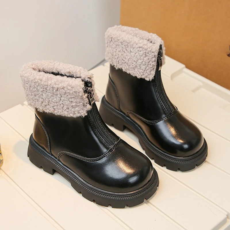 Winter Children Plush Boots Classic Kids Fashion Causal Cotton Boots Thick Bottom Warm Versatile Girls Ankle Boots Front Zipper