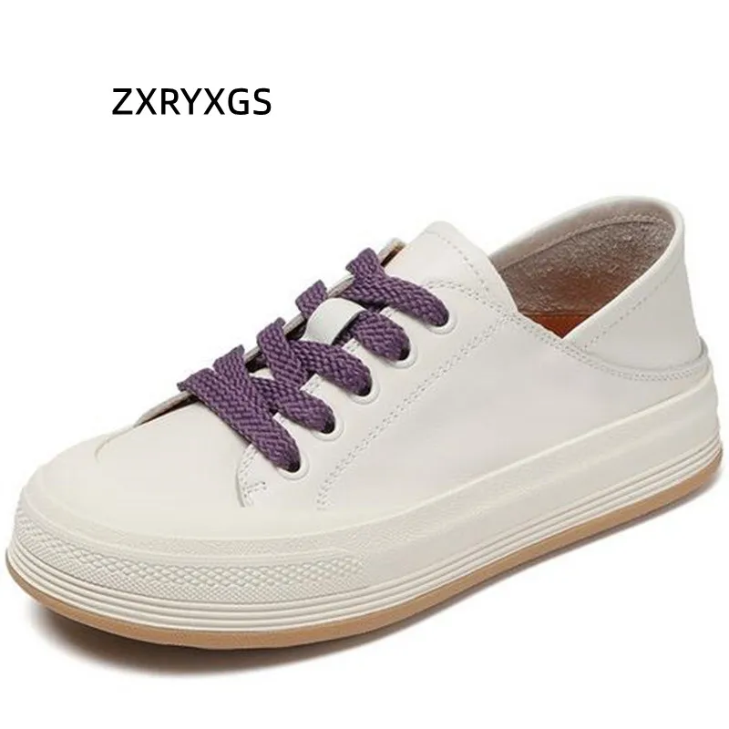 

ZXRYXGS 2022 New Premium Cowhide White Shoes Women Leather Sneaker Flat Shoes Colorful Lace Trendy Sneakers Fashion Casual Shoes
