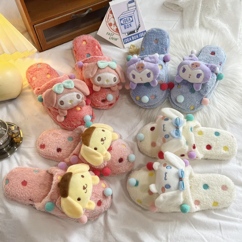

New Kawaii Sanrios Kuromi Mymelody Cinnamoroll Pompompurin Cotton Slippers Cartoon Winter Cold Prevention Gift Toys For Girls