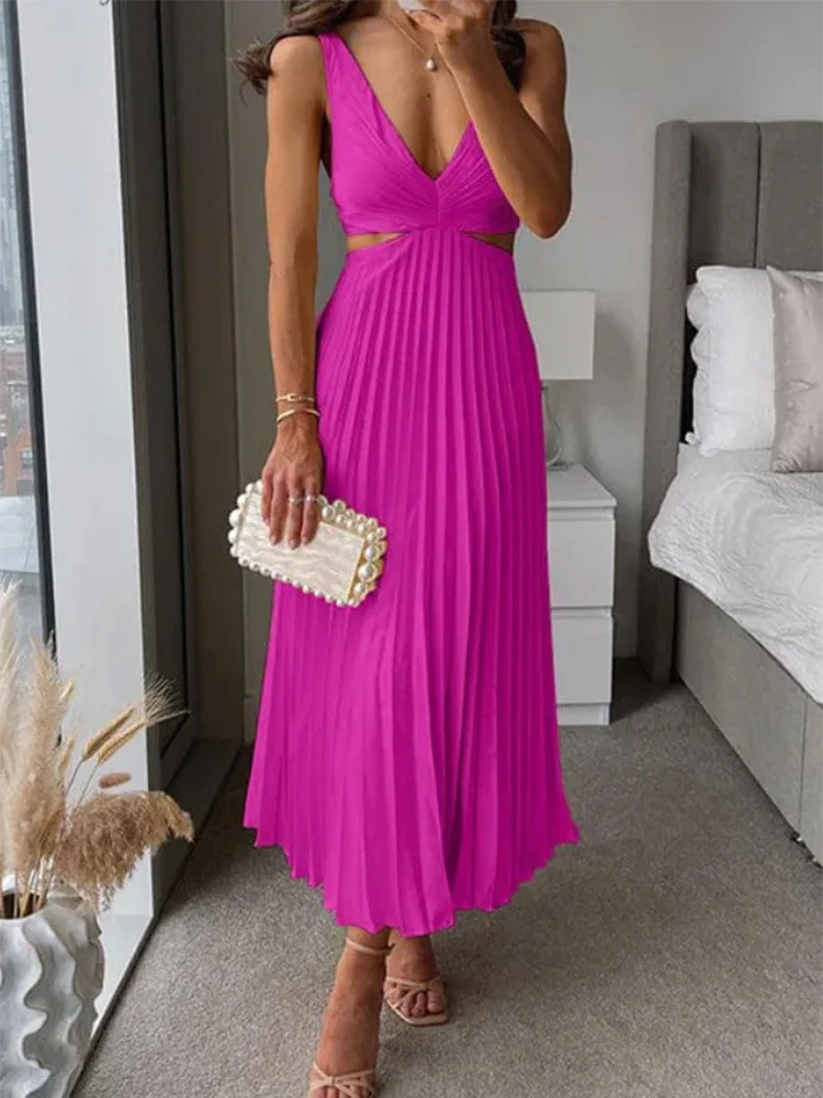 Elegant Long Summer V-neck Sleeveless Hollow Out Backless Sexy Dress . S-xxL