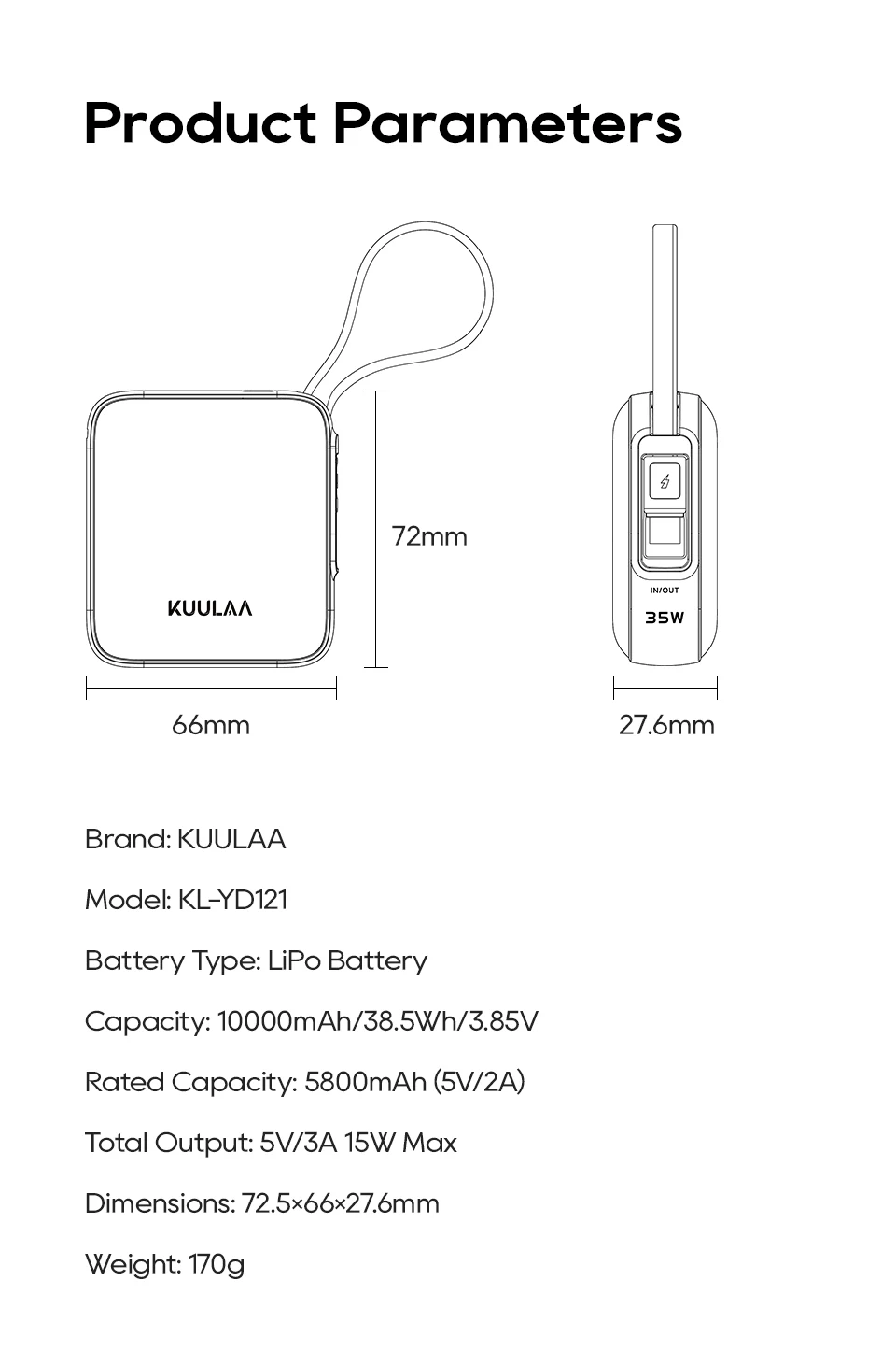 Kuulaa 10000mAh Power Bank with Built-In USB-C Cable 35W