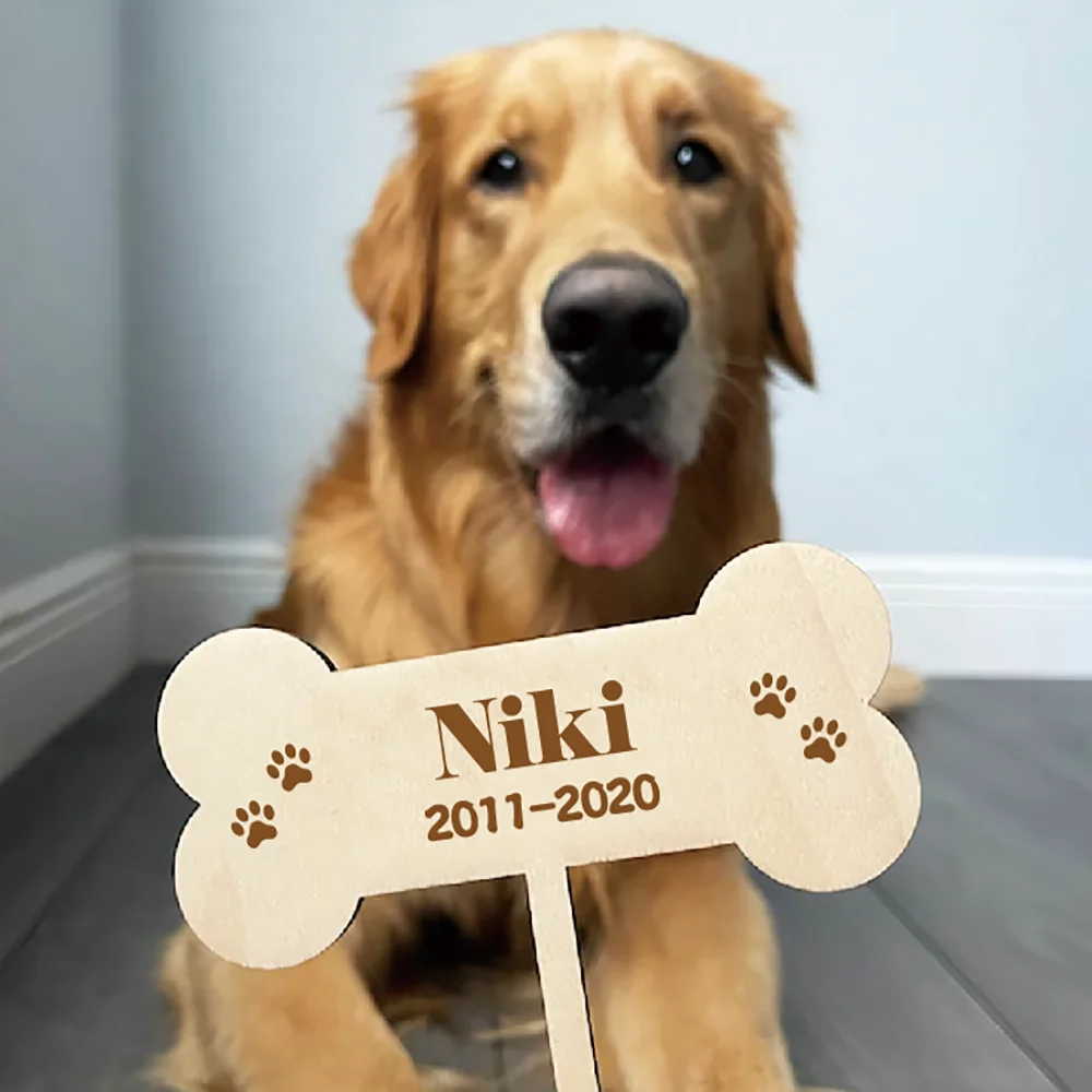 Pet Memorial Garden Stake Dog Birthday Cake Topper Personalized Dog Bone Paw with Engraved Name for Loss or Birthday