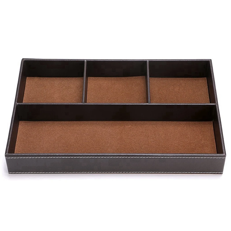 

2PCS 4 Slots Desk Drawer Organizer With PU Leather Collection Letter Tray Brown Single Layer