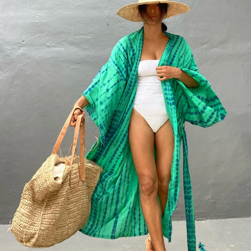 

2023 повседневные летние женские купальники в пляжном стиле накидки с принтом солнцезащитное кимоно кардиган длинное платье
