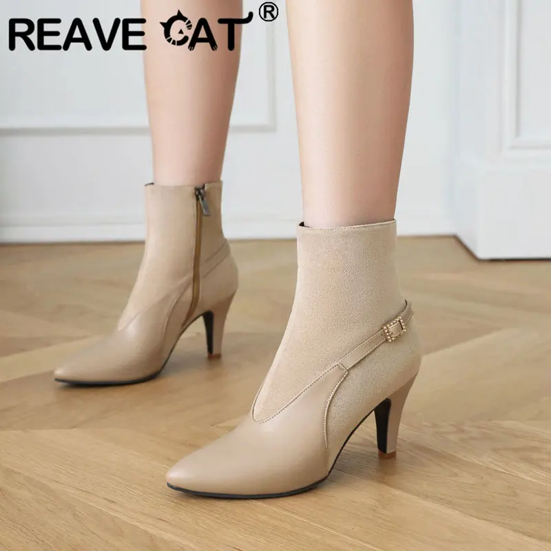 

REAVE CAT Fashion Splice Female Ankle Boots Plus Size 46 47 Pointed Toe Thin Heels 8.5cm Zipper Belt Buckle Party Sexy Bota 33