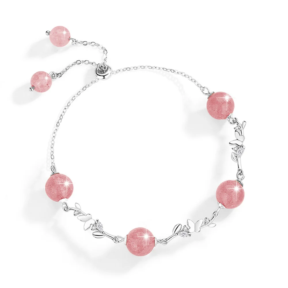 Charm Bohemia 925 Sterling Silver Fashion Pink Natural Bead Strawberry Crystal Chain Butterfly Bracelet For Women Trendy Jewelry