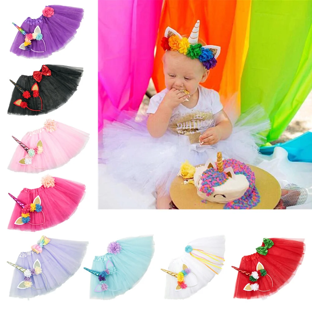 Fashion Kids Tutu Dress Headband Set Unicorn Headwear Tutu Skirt Kit Children Birthday Party Unicorn Costume 1 Set