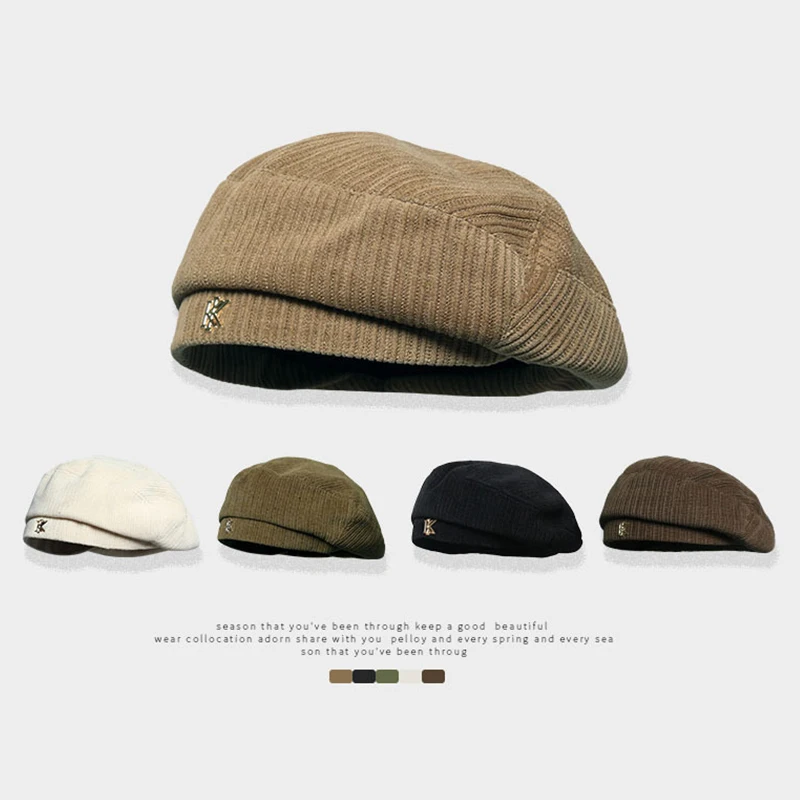 

Korean Hat Female Corduroy Fashion All-Match Beret Ins British Cap Striped Solid Color Warm Hat Beret Women Boinas Para Mujer