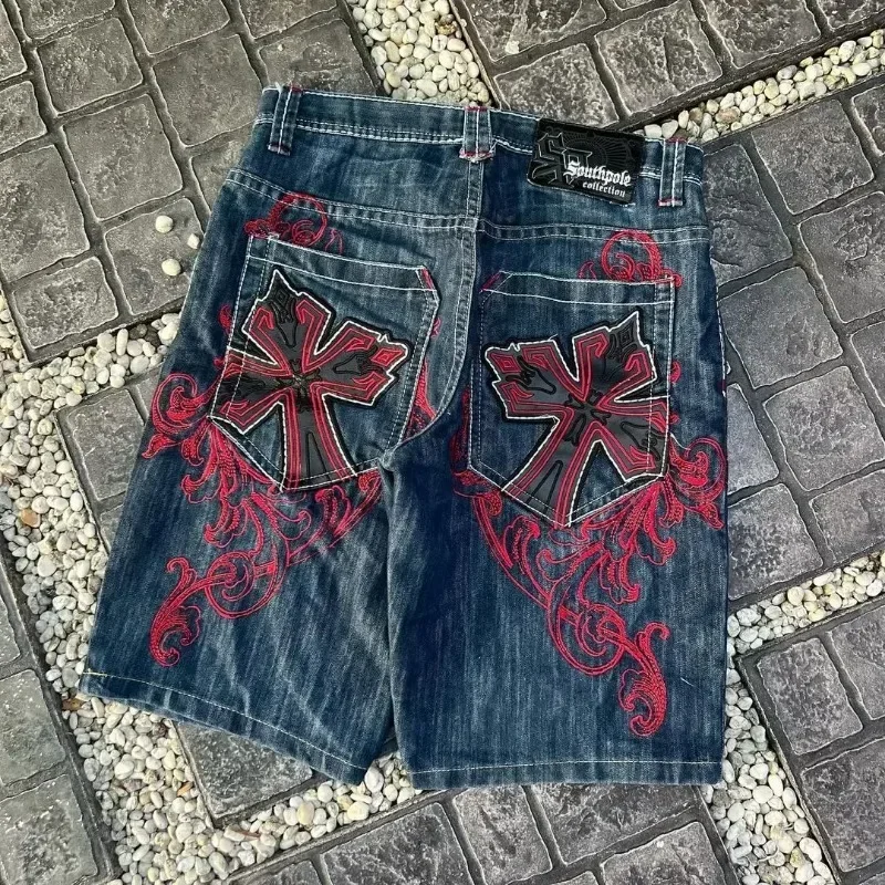 Y2K Vintage Gothic Cross Graphic Printing Baggy Denim Shorts High Waist Wide Leg Shorts Streetwear