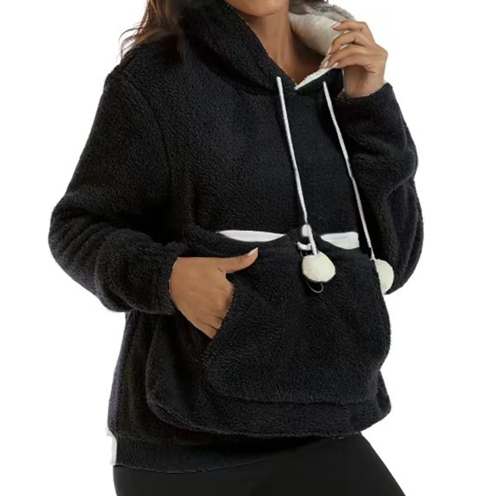 Plush Cute Pet Large Kangaroo Pocket Hoodies Women Sweatshirts Women Dog Cat Pouch Carrier Holder Coat Winter Fleece Warm Tops