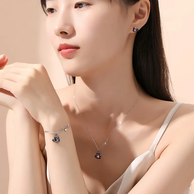 European Sparkling S925 Sterling silver Pink AAA CZ Black Cat Jewelry Set Necklace Earrings Bracelet for Women Birthday Gift jewelry set silver jewelry silver jewelry set