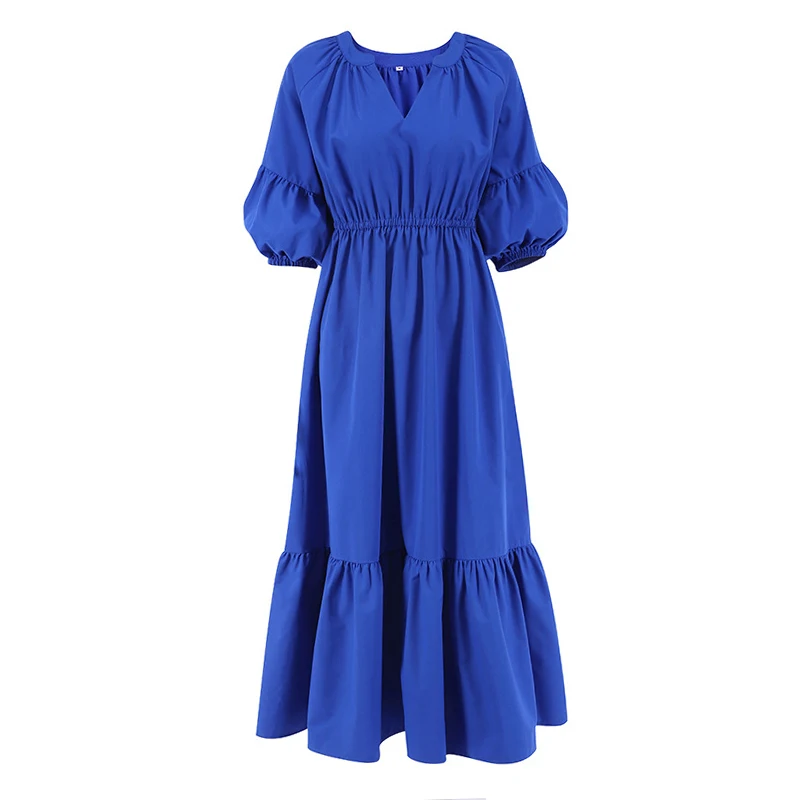 

OMSJ Summer Commuter Style V Neck Puff Sleeve High Waist Elegant A-line Ruffle Fold Maxi Dress Stylish Klein Blue Dresses Female