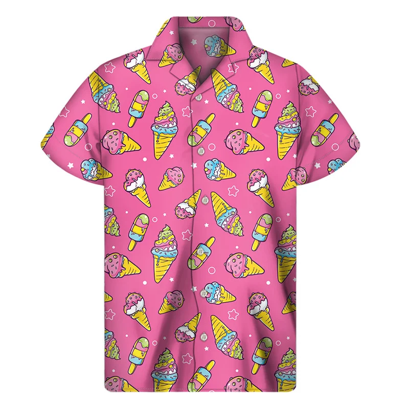 Cartoon Ice Cream 3D Print Hawaiian Shirt Men Summer Street Lapel Shirts Women Short Sleeve Tops Tees Oversized Button Blouse 2