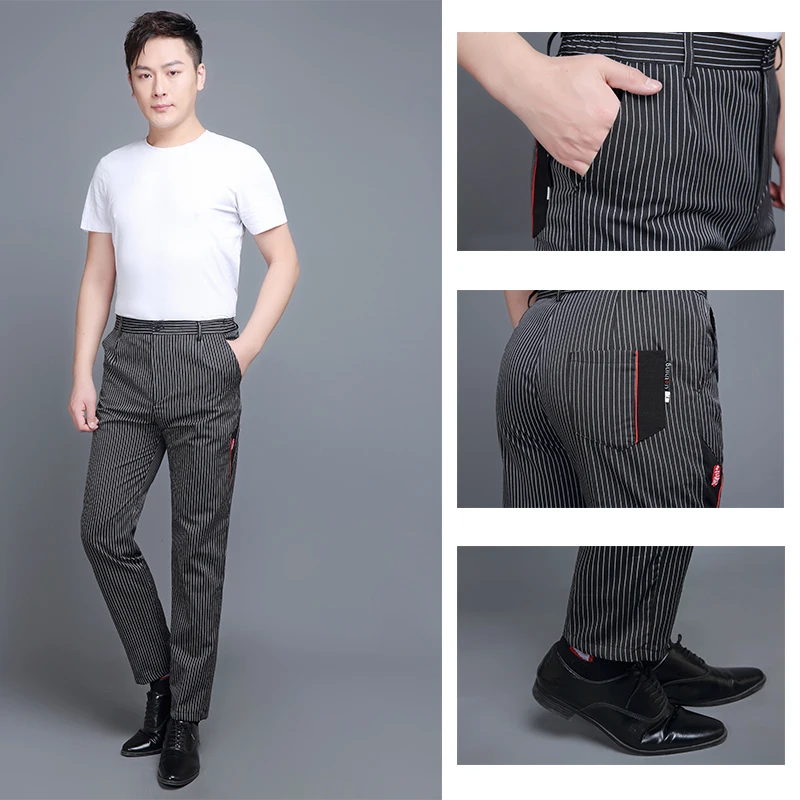 Chef Pants for Men Restaurant Uniform Cooking Trousers Gray Striped Elastic Workwear for Kitchen Zebra Pant Over Sized M-5XL