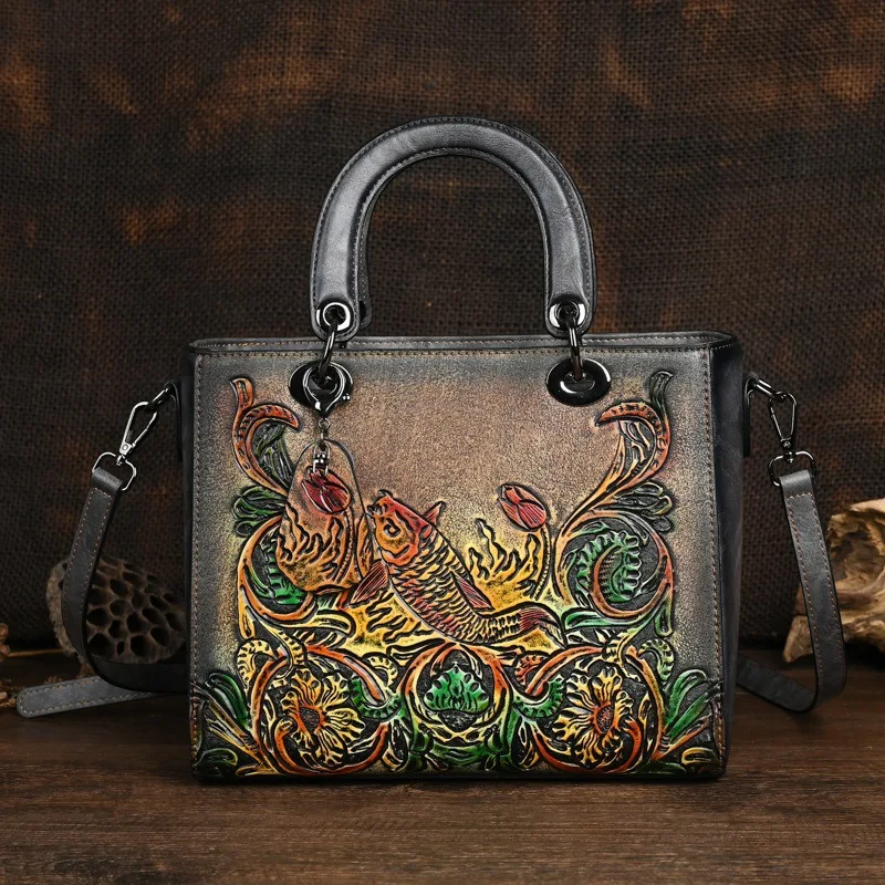 

New Fish Embossed Women Handbag Vintage Chinese Style Shoulder Bag Versatile Leather Large Capacity Crossbody Bag Ladies