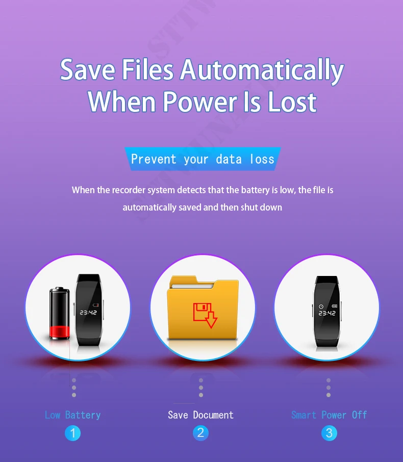Montre mini caméra sauvegardant automatiquement les fichiers en cas de batterie faible