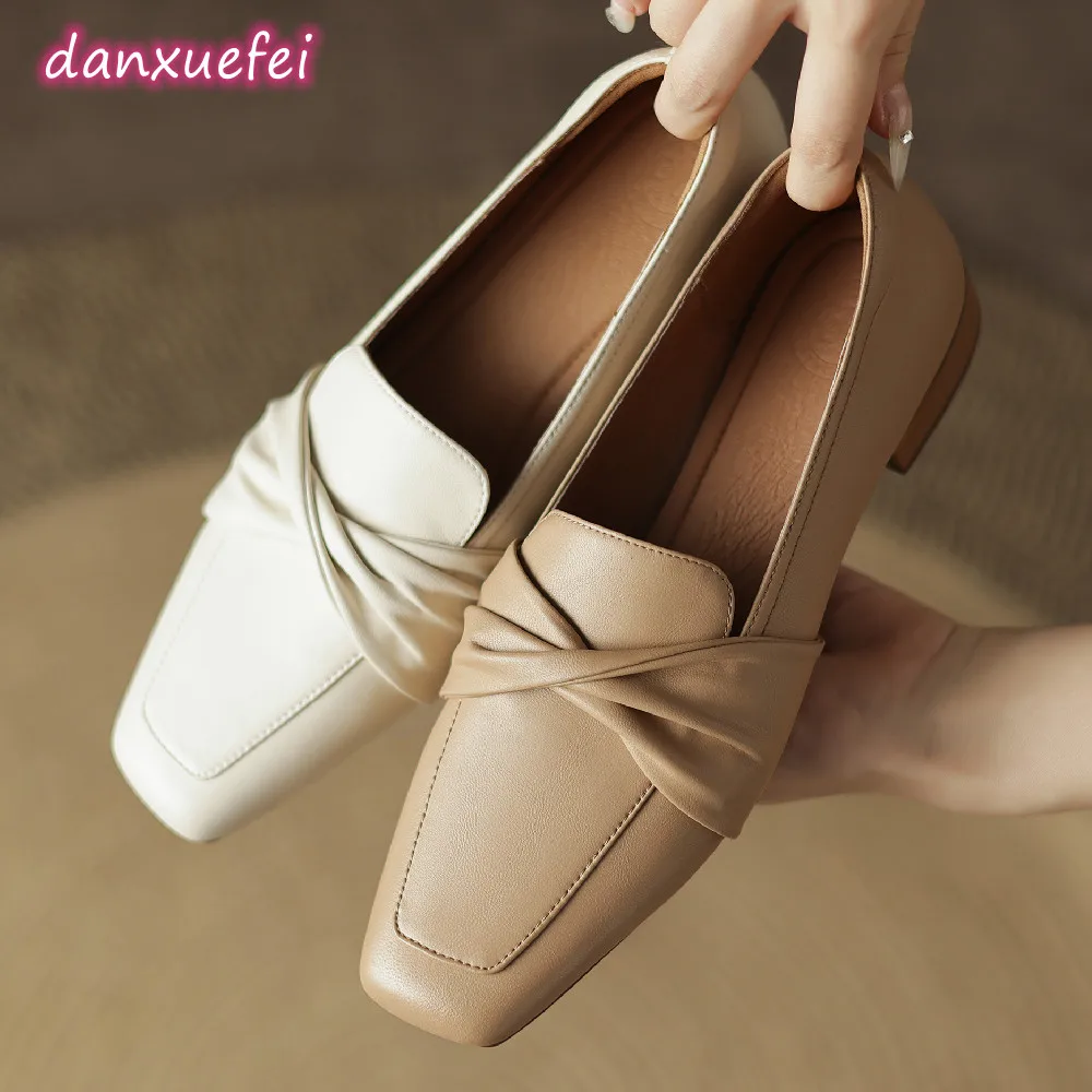 

danxuefei plus size 34-42 women's genuine leather square toe slip-on flats loafers sweet bowtie soft comfort high quality shoes