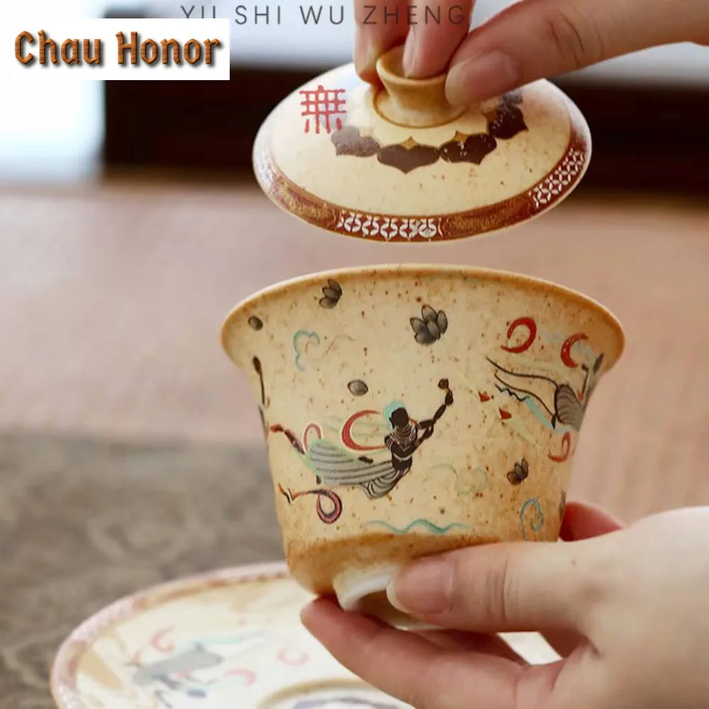 150ml Chinese Dunhuang Apsaras Gaiwan Retro Mural Painting Tea Brewing Cup Saucer Tea Tureen Tea Maker Cover Bowl Tea Ceremony