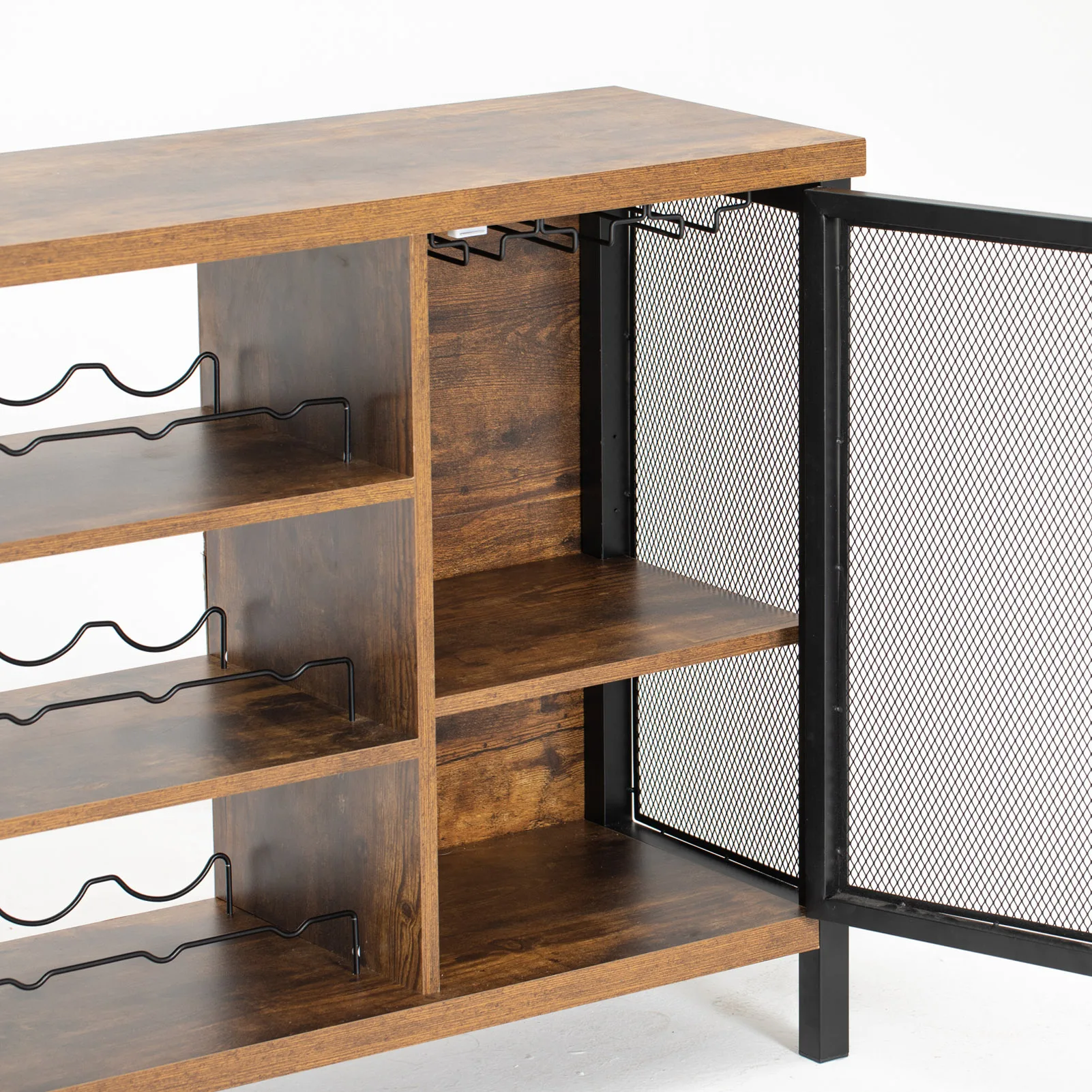 Household LED wine bar cabinet, farmhouse coffee bar with 2 hinged doors, adjustable wooden and steel table with bottle rack