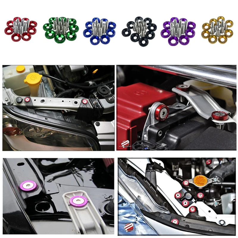 Universally 10pcs Car Modified Hex Fasteners Fender Washer Bumper Engine Concave Screws Aluminum Fender Washers and M6 Bolt