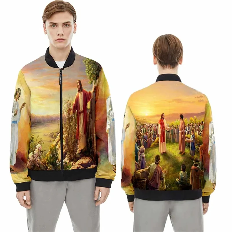 thumbnail image 1 of Nuevas chaquetas de bombardero con cremallera y estampado 3D de Jesús para hombre y mujer, abrigos para hombre, chaquetas con cremallera, abrigos de manga larga, tops, 1 of 5