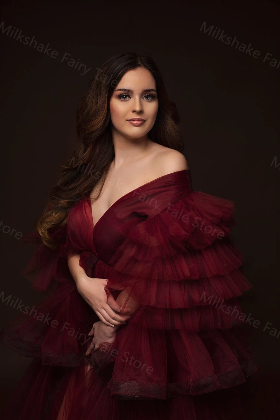 Sexy Burgundy Maternity Dresses A Line V Neck Tiered Pregnant Women Gown for Photoshoot Front Split Tulle Pregnancy Babyshower
