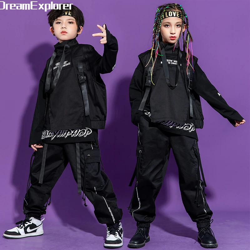 Boy Hip Hop Girl High Collar Vest Cargo Pants Outfits Child Sweatshirt Joggers Street Dance Kids Waistcoat Streetwear Costumes - Image 2