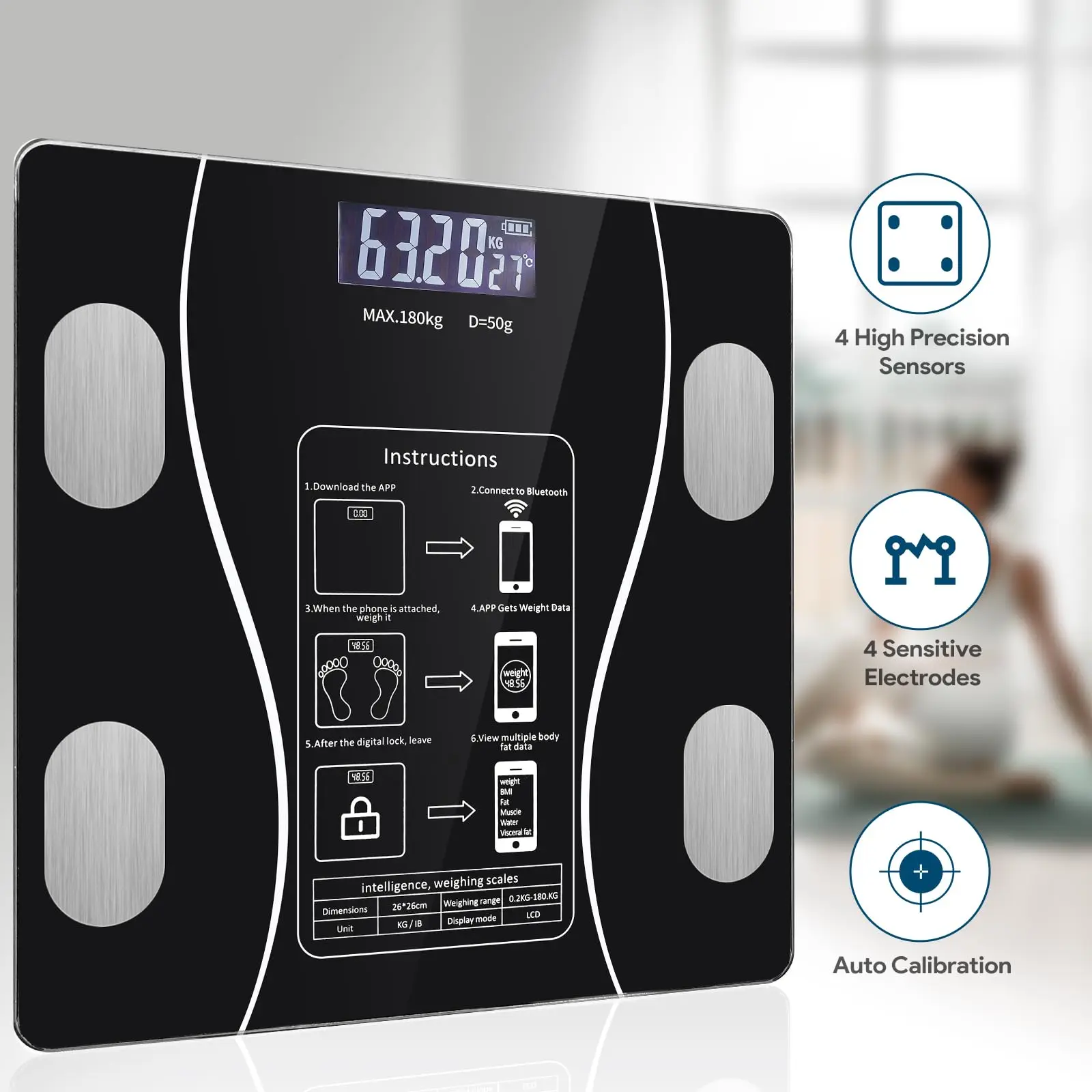 Bilancia digitale wireless Fat Smart con ricarica USB e Bluetooth per l'analisi della composizione corporea._voghion.com